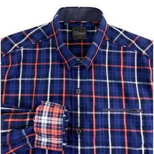 7Diamonds Men's Button Front Flip Cuff 100% Cotton‎ Navy Blue Plaid Shirt Large